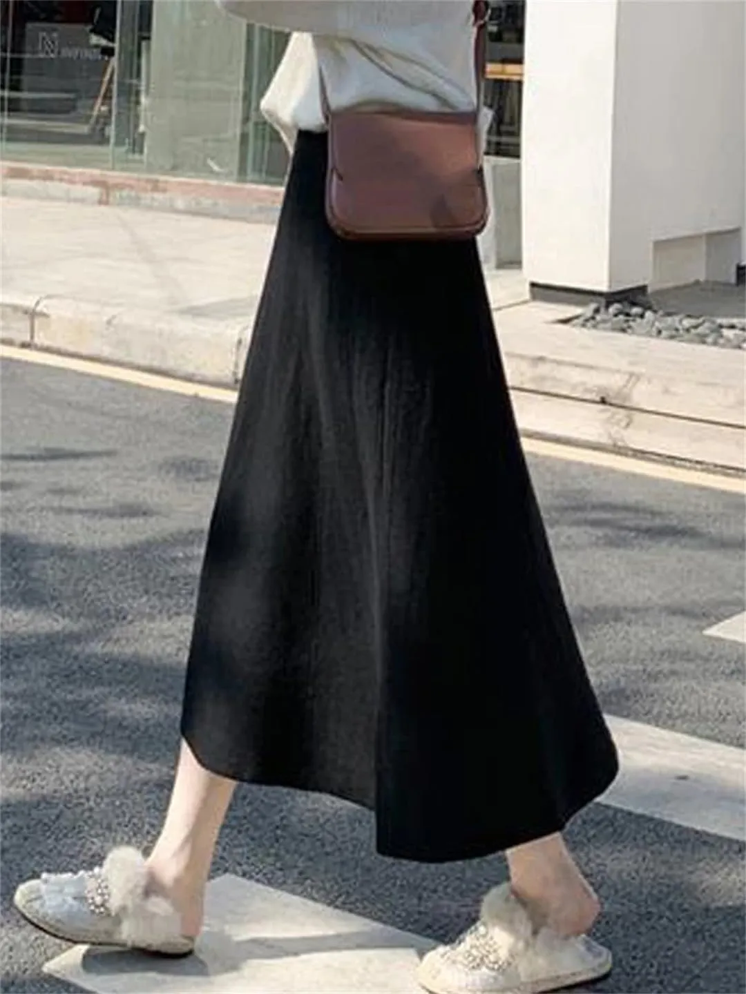 Women Winter Knitted Midi Skirt Pleated Casual Loose Skirt