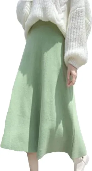 Women Winter Knitted Midi Skirt Pleated Casual Loose Skirt