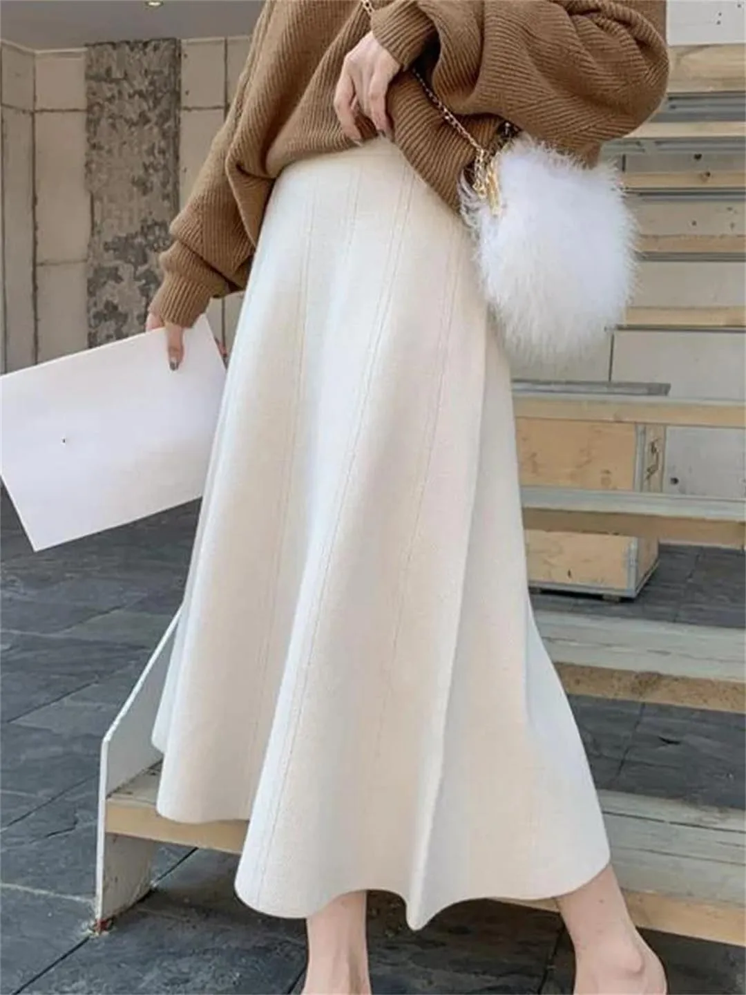 Women Winter Knitted Midi Skirt Pleated Casual Loose Skirt