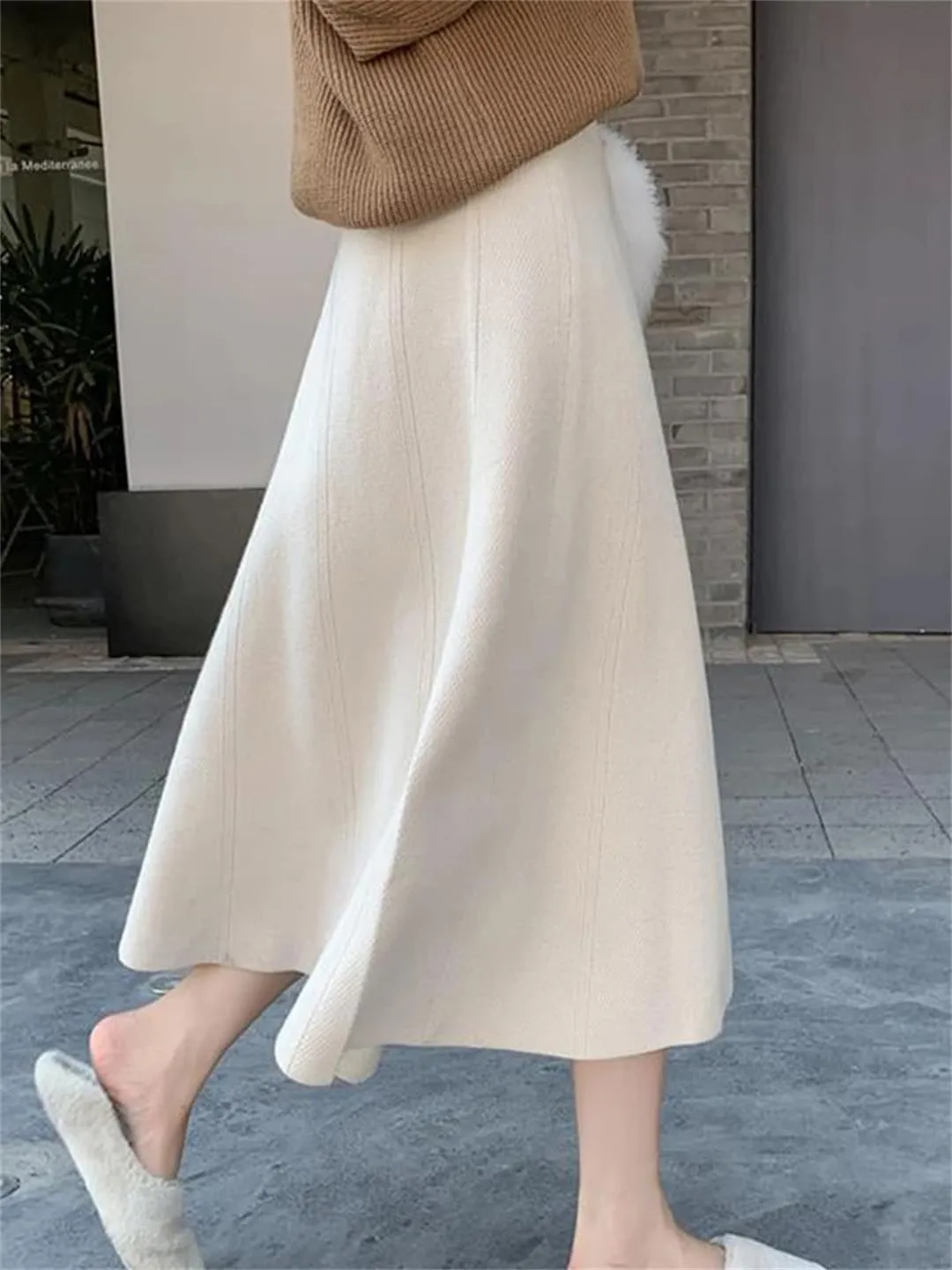 Women Winter Knitted Midi Skirt Pleated Casual Loose Skirt