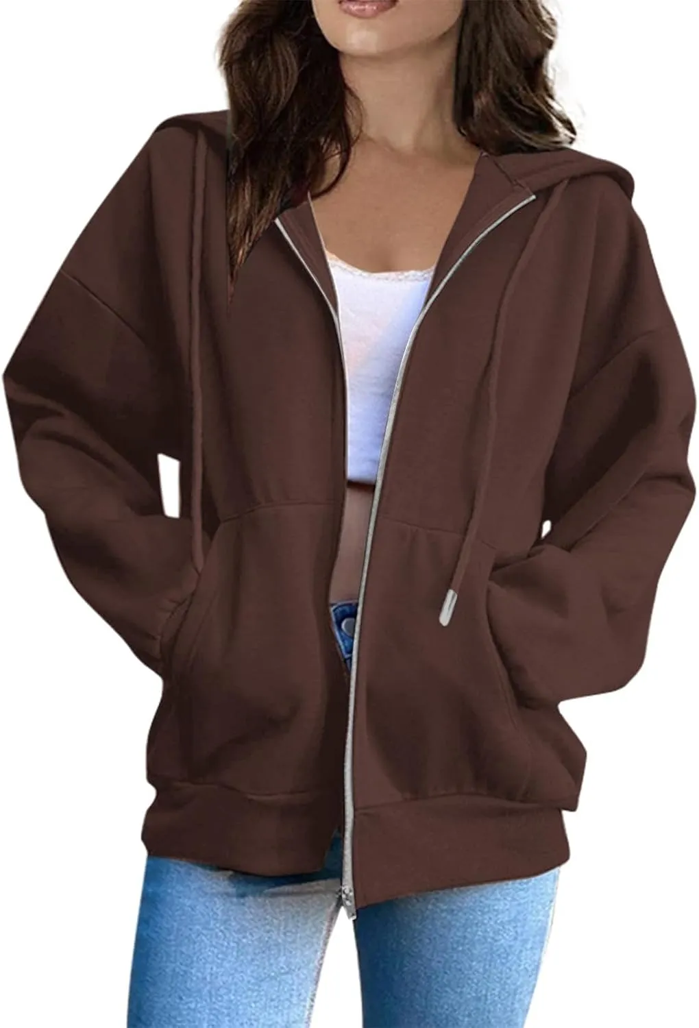 Women Zip Up Hoodie Casual Loose Oversized Sweatshirt Long Sleeve Comfy Fleece Jacket with Pockets Workout Clothes