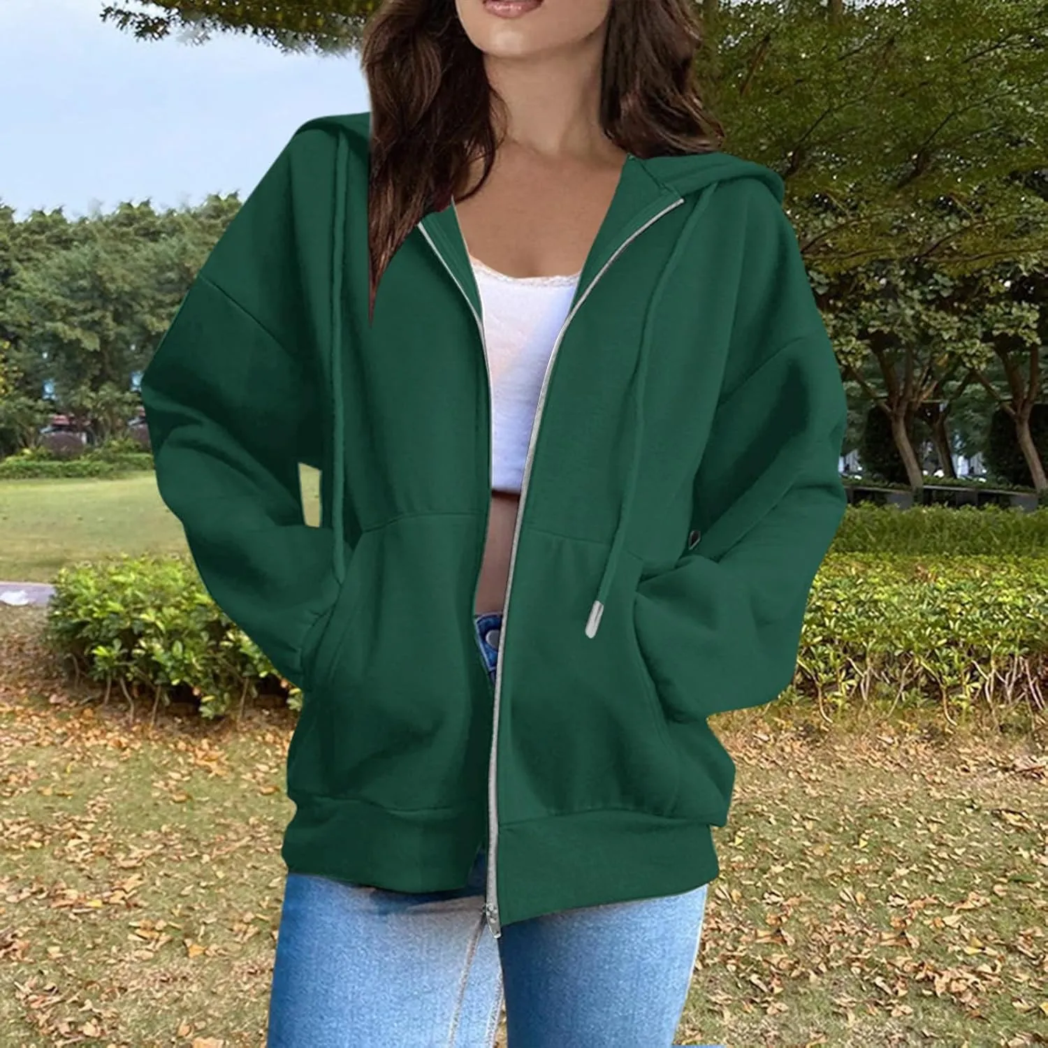 Women Zip Up Hoodie Casual Loose Oversized Sweatshirt Long Sleeve Comfy Fleece Jacket with Pockets Workout Clothes
