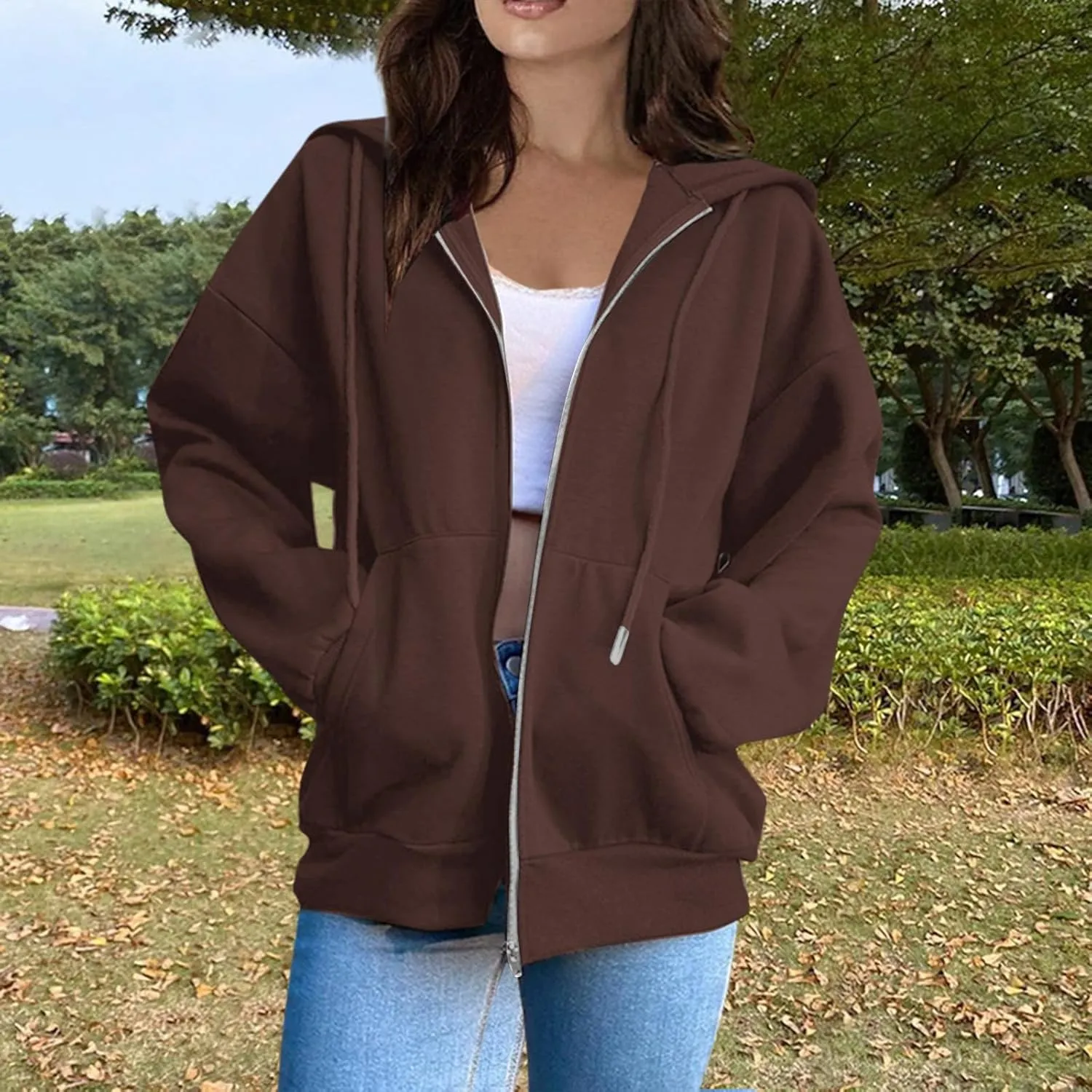 Women Zip Up Hoodie Casual Loose Oversized Sweatshirt Long Sleeve Comfy Fleece Jacket with Pockets Workout Clothes