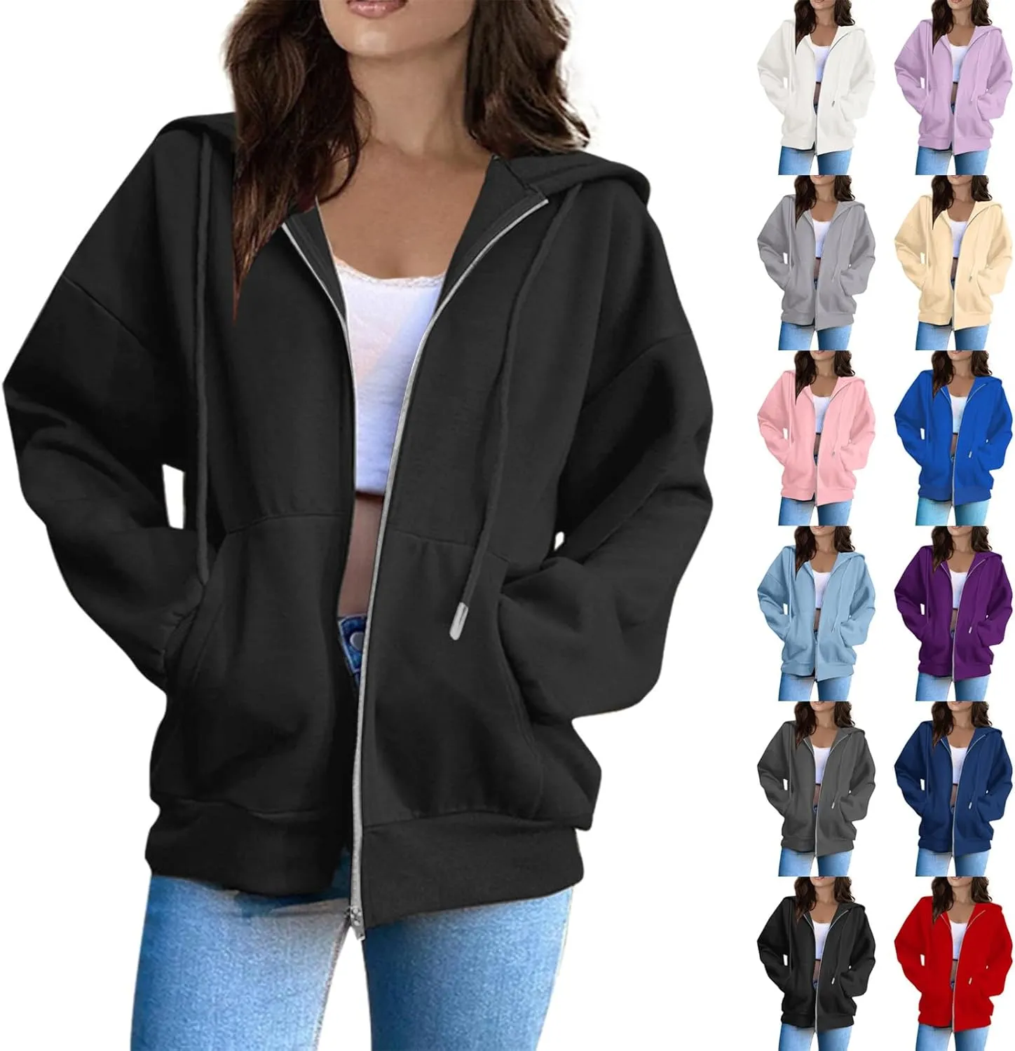Women Zip Up Hoodie Casual Loose Oversized Sweatshirt Long Sleeve Comfy Fleece Jacket with Pockets Workout Clothes