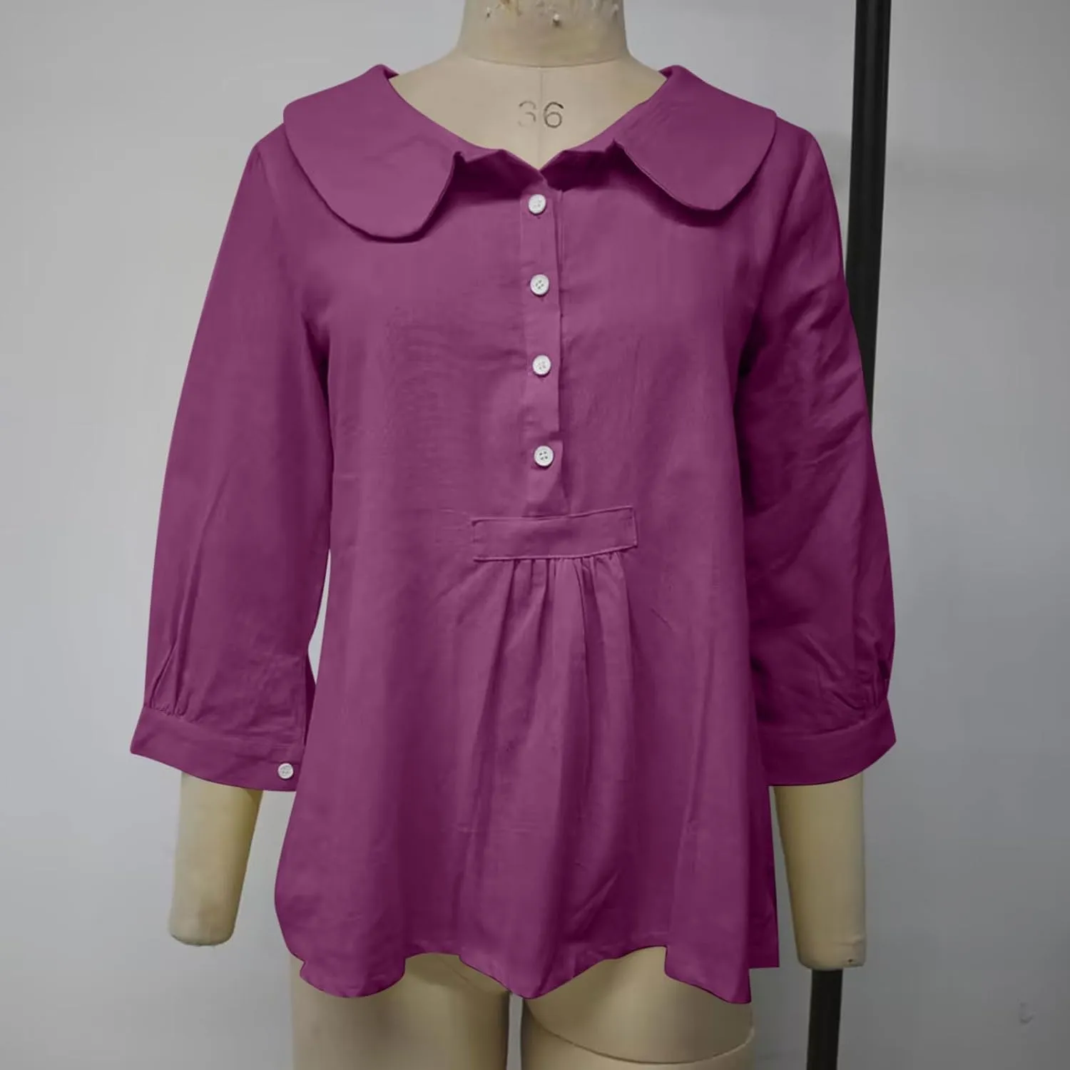 Womens 3/4 Sleeve Tops Button Down Crewneck Tunic Pullover Fashion Oversized Flowy Hem T-Shirts Cotton Linen Tees