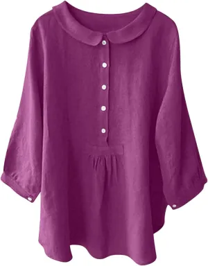Womens 3/4 Sleeve Tops Button Down Crewneck Tunic Pullover Fashion Oversized Flowy Hem T-Shirts Cotton Linen Tees
