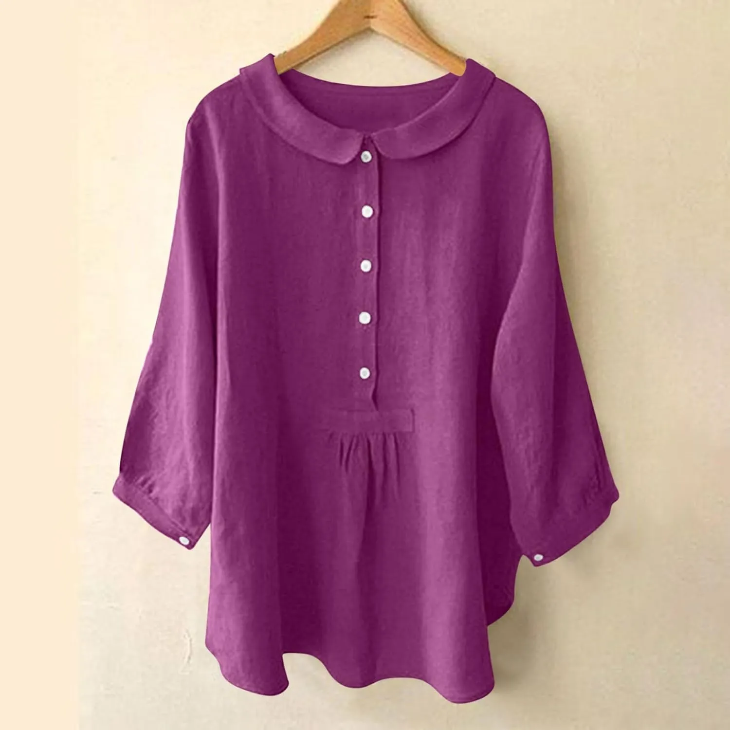 Womens 3/4 Sleeve Tops Button Down Crewneck Tunic Pullover Fashion Oversized Flowy Hem T-Shirts Cotton Linen Tees