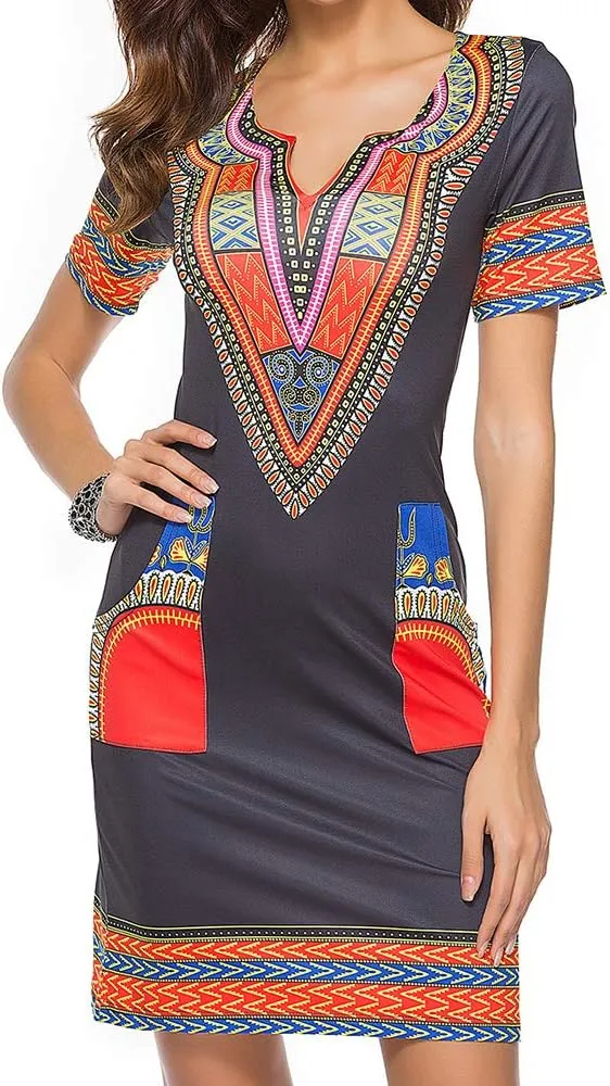 Womens African Attir Bohemian Dashiki Traditional Tribal Vintage Ethnic Midi Dresses