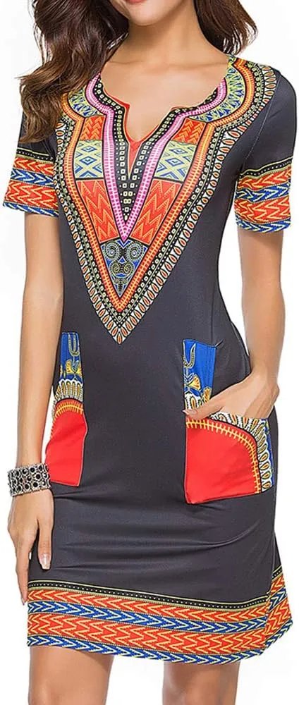 Womens African Attir Bohemian Dashiki Traditional Tribal Vintage Ethnic Midi Dresses