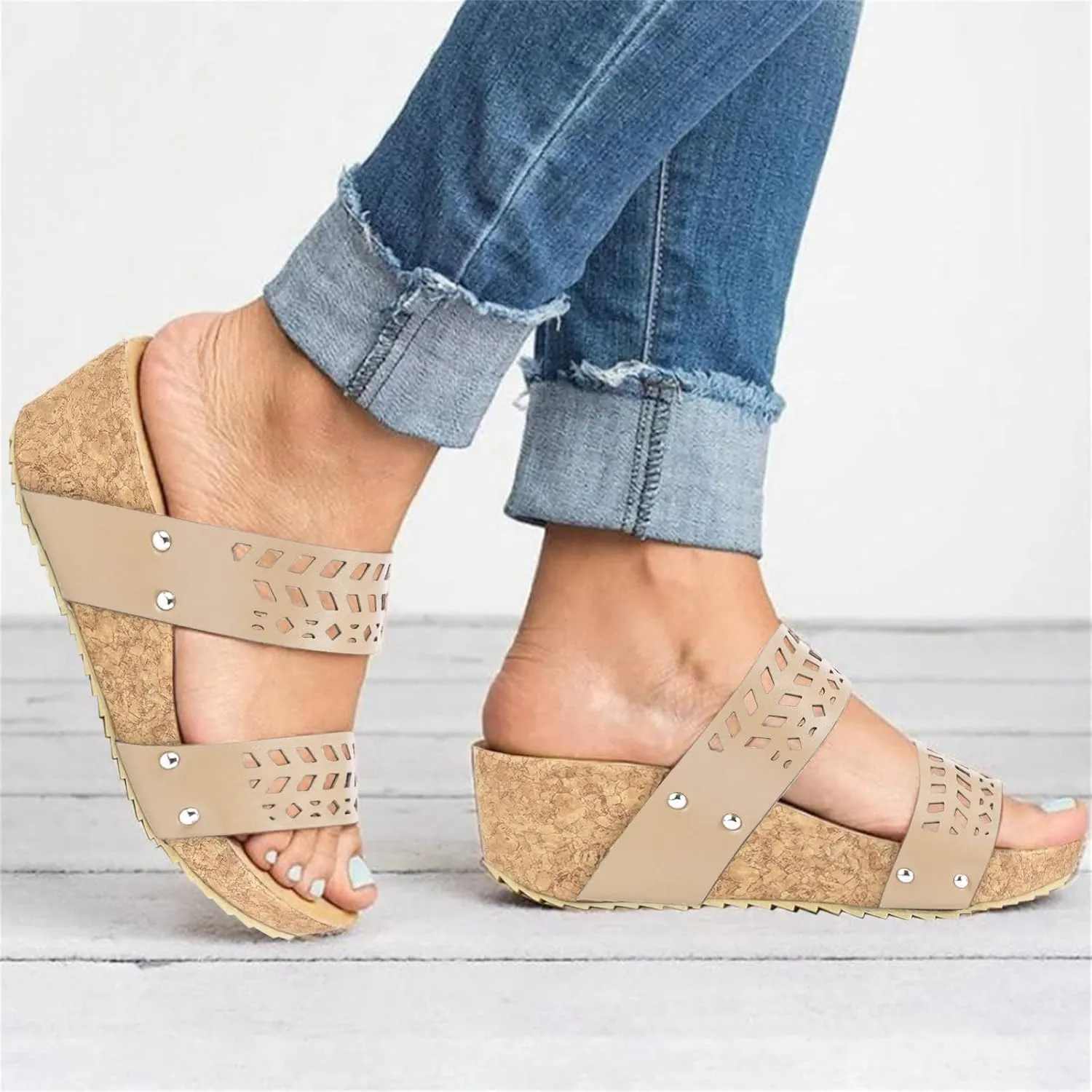 Women's Arch Support Slides Open Sandals Breathable Hollow Out Summer Slip On Wedges Toe Beach Shoes for Women