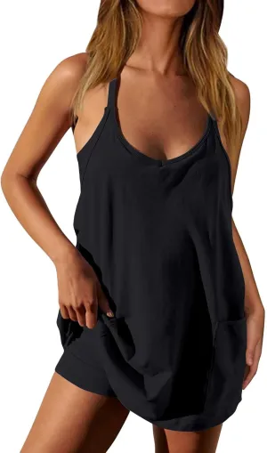 Womens Athletic Dress Summer Tennis Workout Sports Sleeveless Mini Romper Dress Built in Shorts Clothes with Pockets