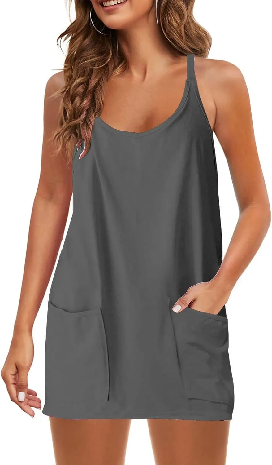 Womens Athletic Dress with Shorts Underneath Summer Spaghetti Strap Romper Dresses Tennis Workout Mini Dress