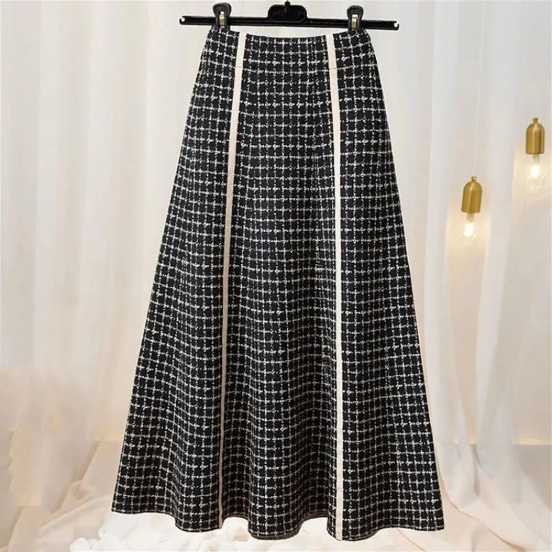 Women's Autumn and Winter Checkered Knitted Pleated High Waist A-Line Button Midi Vintage Elegant Office Skirt