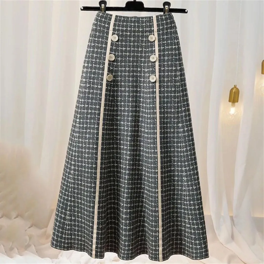 Women's Autumn and Winter Checkered Knitted Pleated High Waist A-Line Button Midi Vintage Elegant Office Skirt