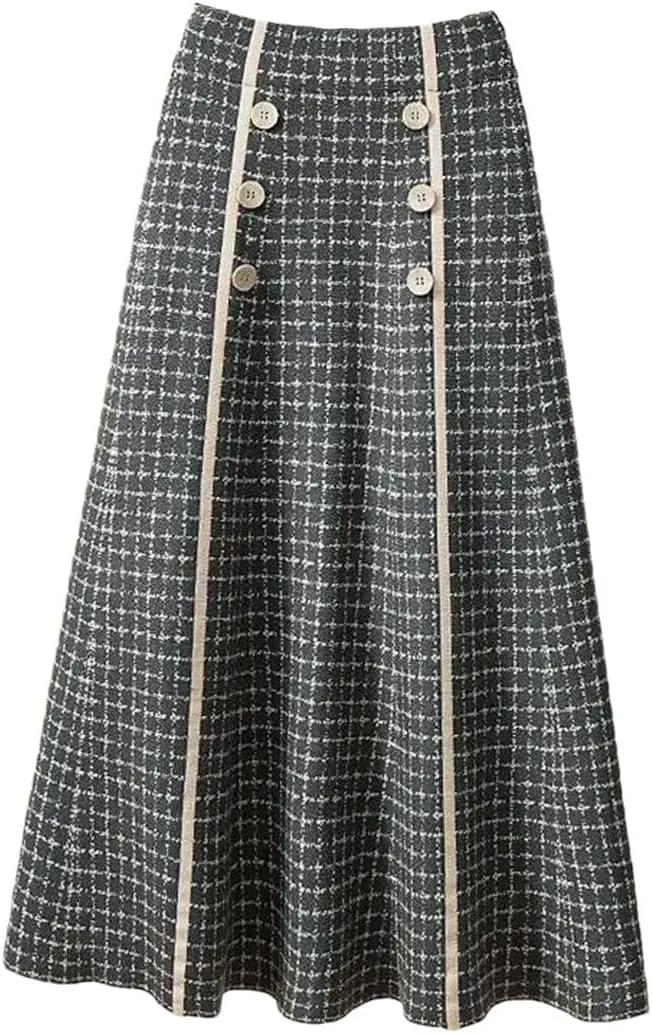 Women's Autumn and Winter Checkered Knitted Pleated High Waist A-Line Button Midi Vintage Elegant Office Skirt