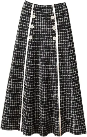 Women's Autumn and Winter Checkered Knitted Pleated High Waist A-Line Button Midi Vintage Elegant Office Skirt