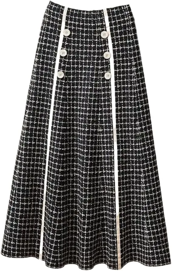 Women's Autumn and Winter Checkered Knitted Pleated High Waist A-Line Button Midi Vintage Elegant Office Skirt