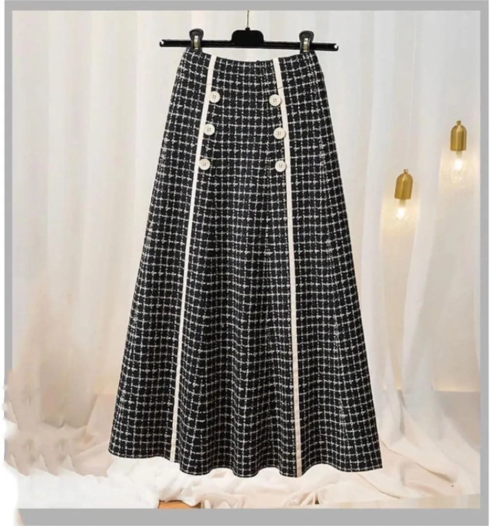 Women's Autumn and Winter Checkered Knitted Pleated High Waist A-Line Button Midi Vintage Elegant Office Skirt