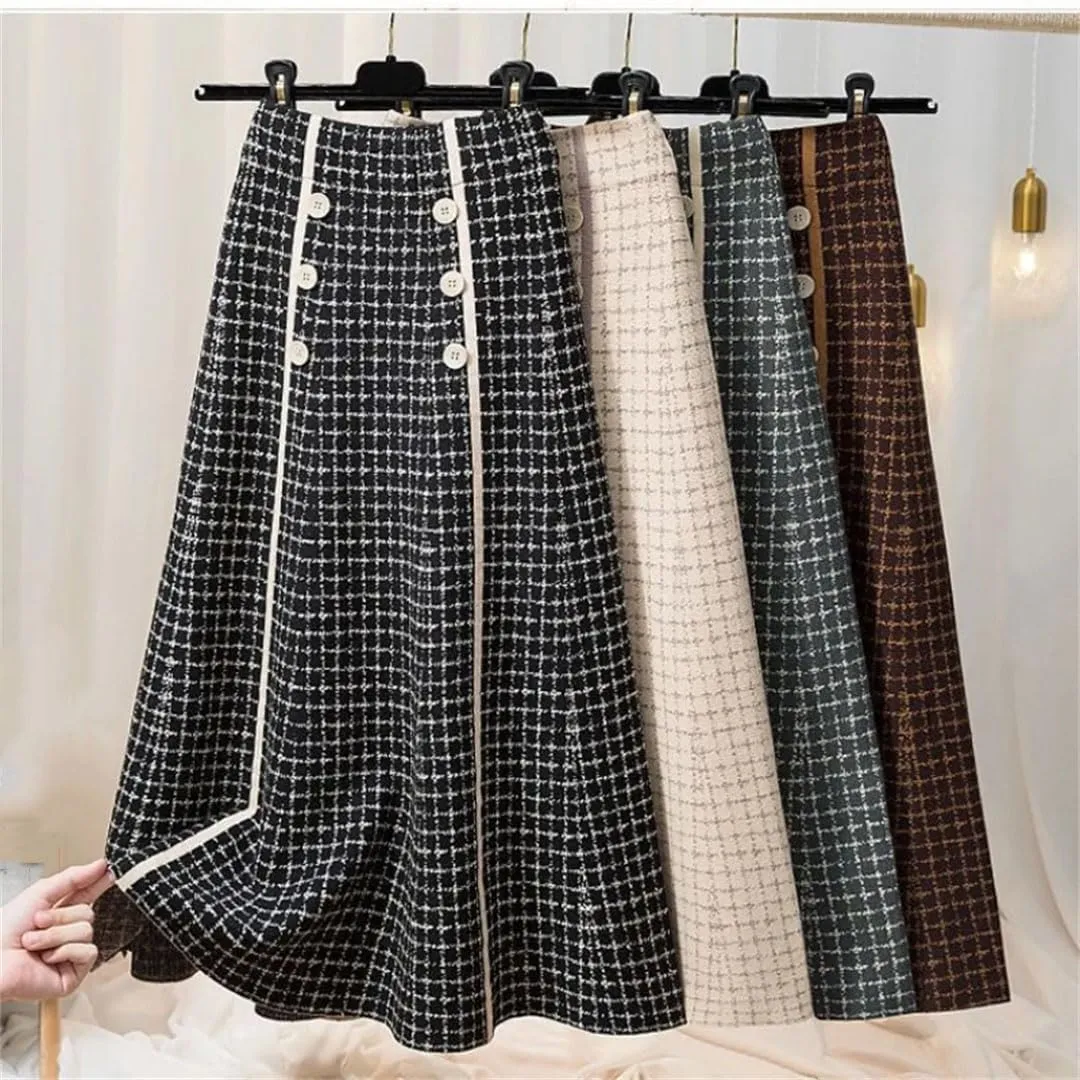 Women's Autumn and Winter Checkered Knitted Pleated High Waist A-Line Button Midi Vintage Elegant Office Skirt