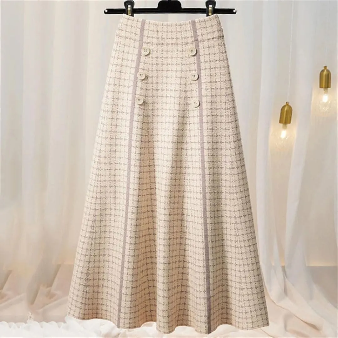 Women's Autumn and Winter Checkered Knitted Pleated High Waist A-Line Button Midi Vintage Elegant Office Skirt