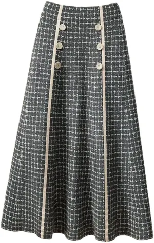 Women's Autumn and Winter Checkered Knitted Pleated High Waist A-Line Button Midi Vintage Elegant Office Skirt