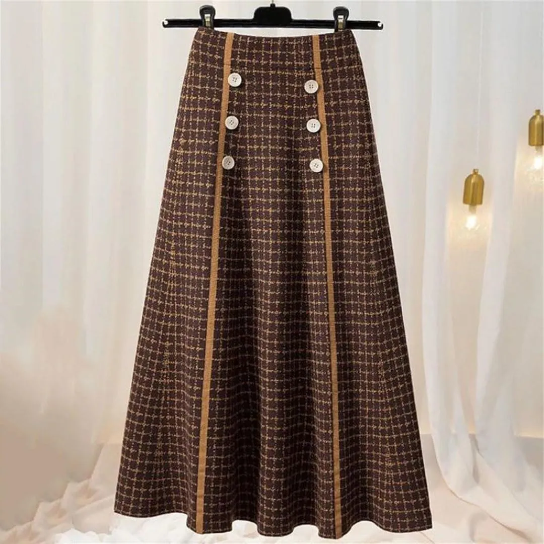 Women's Autumn and Winter Checkered Knitted Pleated High Waist A-Line Button Midi Vintage Elegant Office Skirt