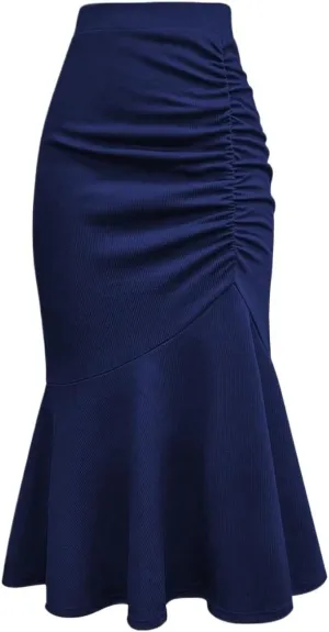 Women's Basic Ruched Elegant Solid Color Pleated Long Elegant Midi Skirt Mermaid Casual Skirts