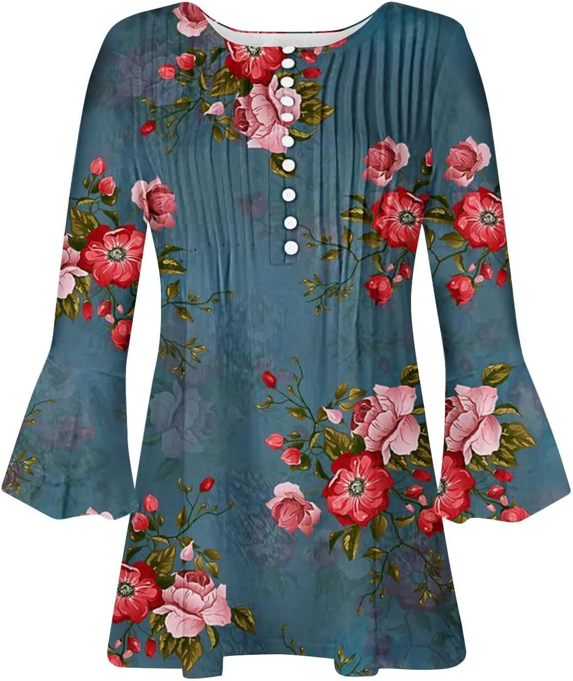 Women's Blouses & Button-Down Shirts Vintage Floral Print Boho Empire Waist Tunic Tops Spring Fashion 3/4 Sleeve Tees