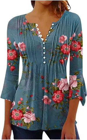 Women's Blouses & Button-Down Shirts Vintage Floral Print Boho Empire Waist Tunic Tops Spring Fashion 3/4 Sleeve Tees