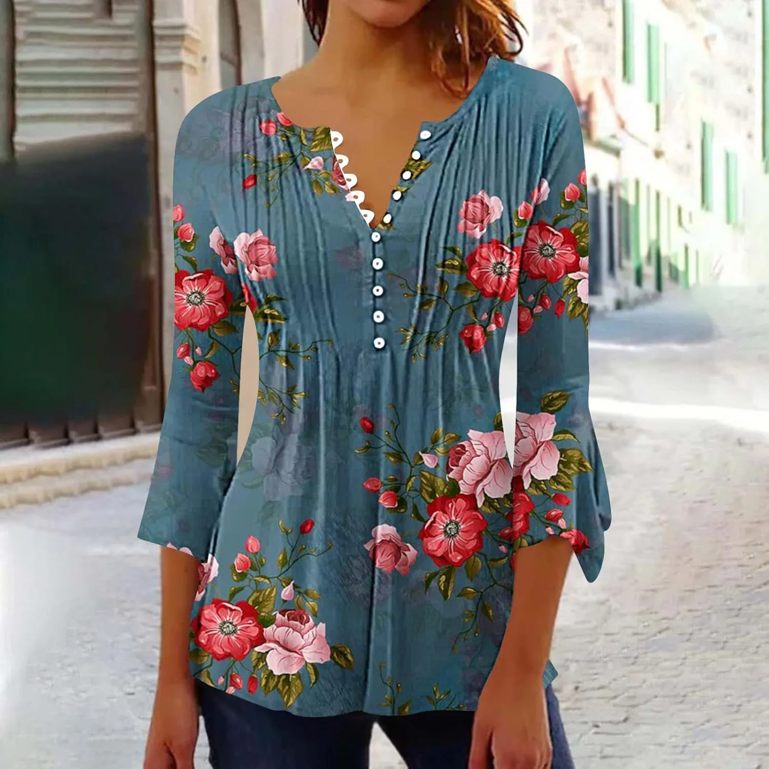 Women's Blouses & Button-Down Shirts Vintage Floral Print Boho Empire Waist Tunic Tops Spring Fashion 3/4 Sleeve Tees