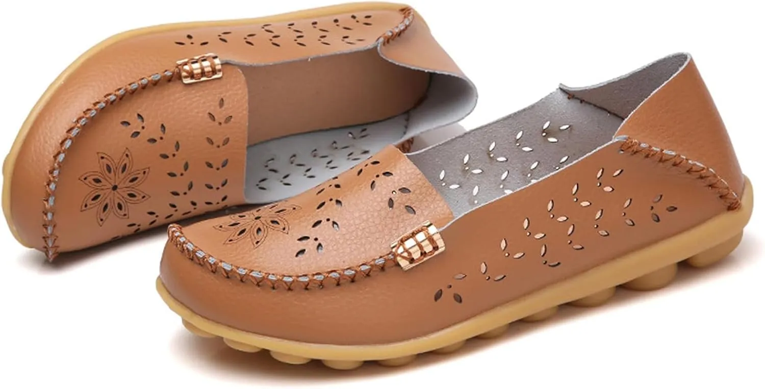 Womens Boat Shoes Casual Breathable Loafers for Walking Slip On Nurse Shoes Comfortable Flat Sandals Hollow Out Faux Leather Summer Shoe for All Day Wear