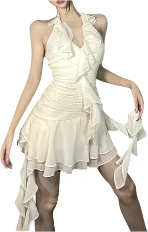 Womens Bodycon Mini Dress Ruffle Halter Emo Punk Dresses Backless Clubwear Night Out Concert Party Hippie Outfit
