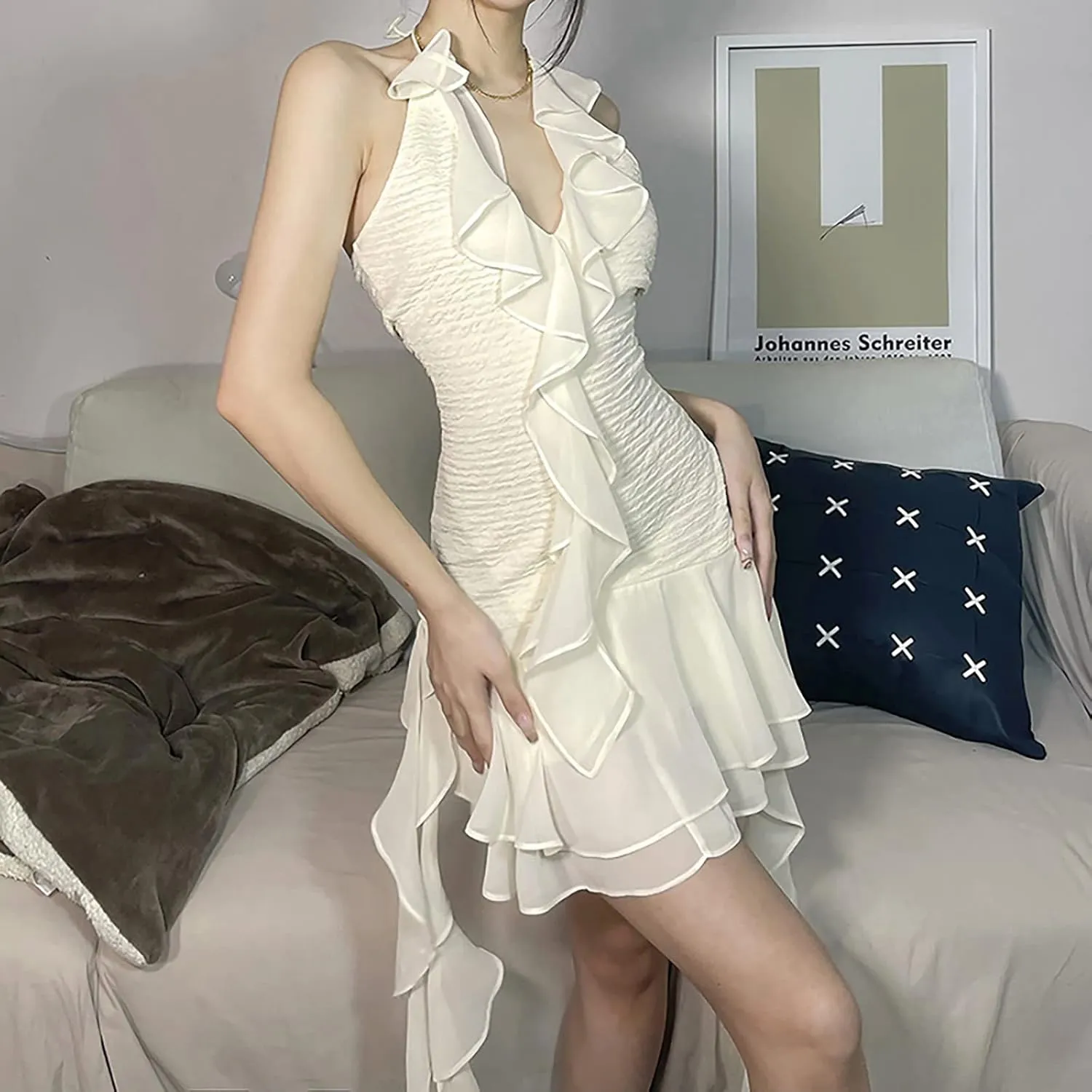 Womens Bodycon Mini Dress Ruffle Halter Emo Punk Dresses Backless Clubwear Night Out Concert Party Hippie Outfit