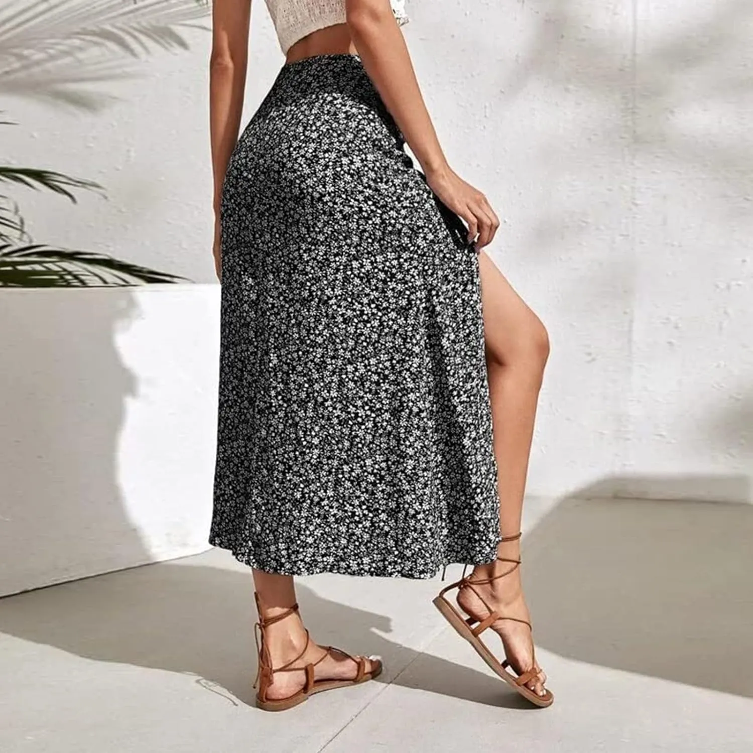 Womens Boho Floral Skirt with Slit Summer Beach Flowy Midi Skirts Sexy High Waisted A-Line Skirts Casual Wraps Skirt Dresses