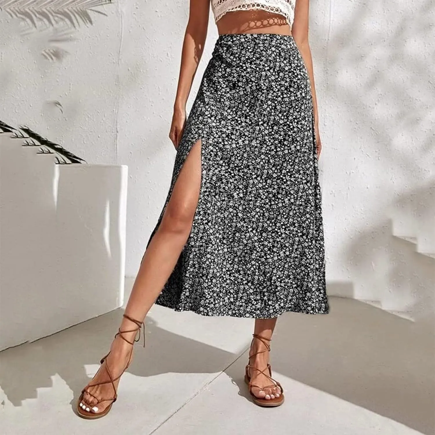 Womens Boho Floral Skirt with Slit Summer Beach Flowy Midi Skirts Sexy High Waisted A-Line Skirts Casual Wraps Skirt Dresses