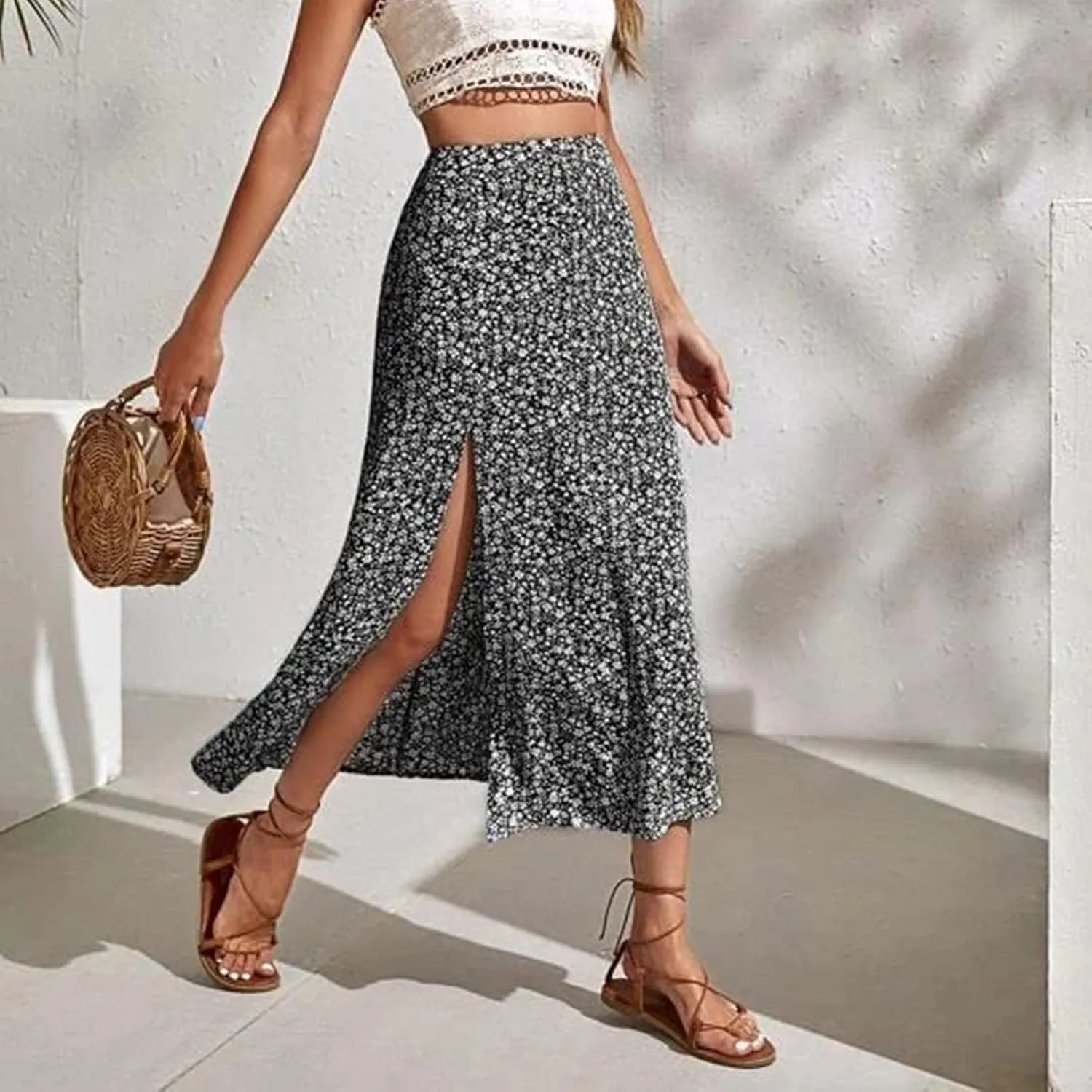 Womens Boho Floral Skirt with Slit Summer Beach Flowy Midi Skirts Sexy High Waisted A-Line Skirts Casual Wraps Skirt Dresses