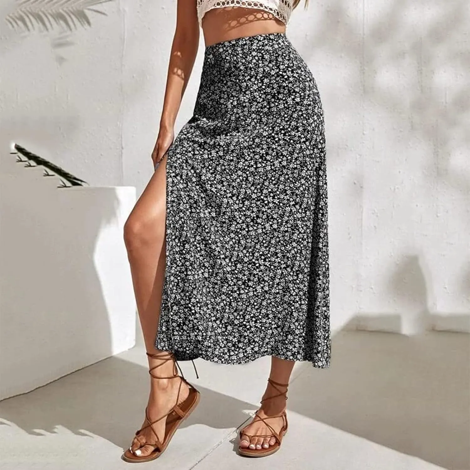 Womens Boho Floral Skirt with Slit Summer Beach Flowy Midi Skirts Sexy High Waisted A-Line Skirts Casual Wraps Skirt Dresses