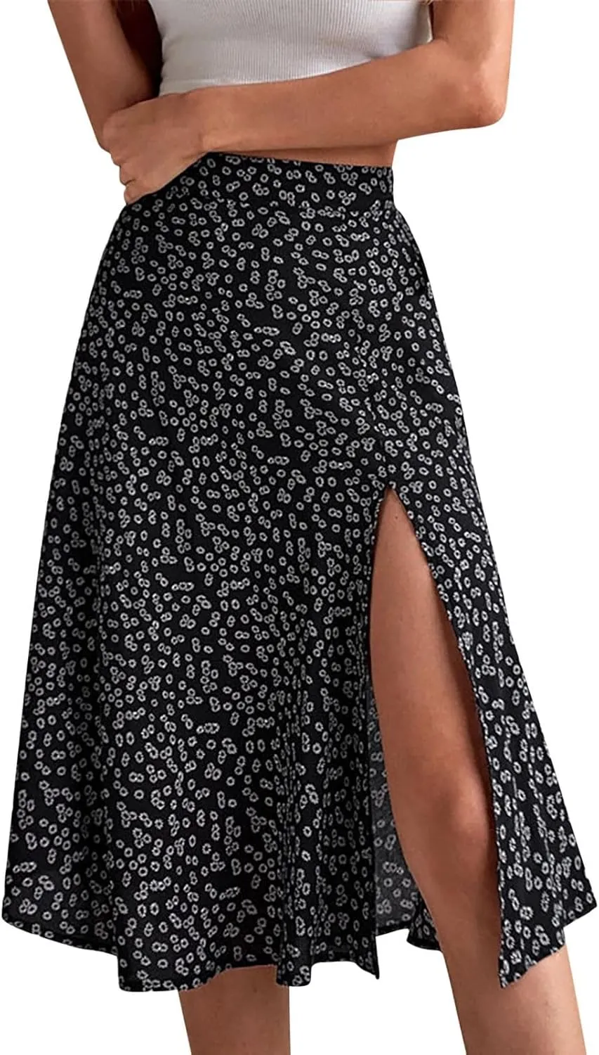Womens Boho Floral Skirt with Slit Summer Beach Flowy Midi Skirts Sexy High Waisted A-Line Skirts Casual Wraps Skirt Dresses