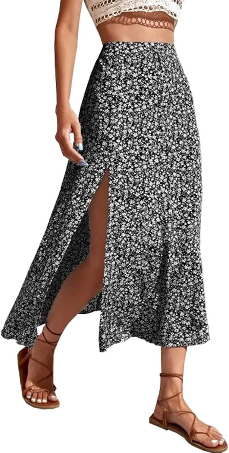 Womens Boho Floral Skirt with Slit Summer Beach Flowy Midi Skirts Sexy High Waisted A-Line Skirts Casual Wraps Skirt Dresses