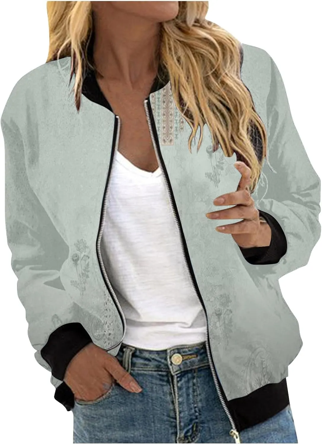 Womens Bomber Jacket 2024 Trendy Casual Lightweight Floral Print Zip Up Coats Outerwear Windbreaker with Pockets