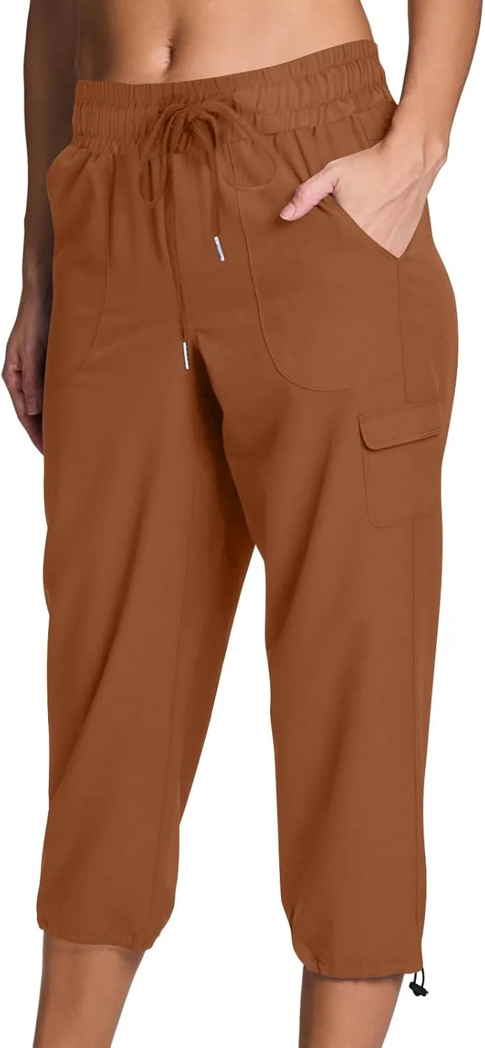 Womens Capris Pants Casual Summer Drawstring Elastic High Waist Breathable Pant Straight Wide Leg Cropped Trouser