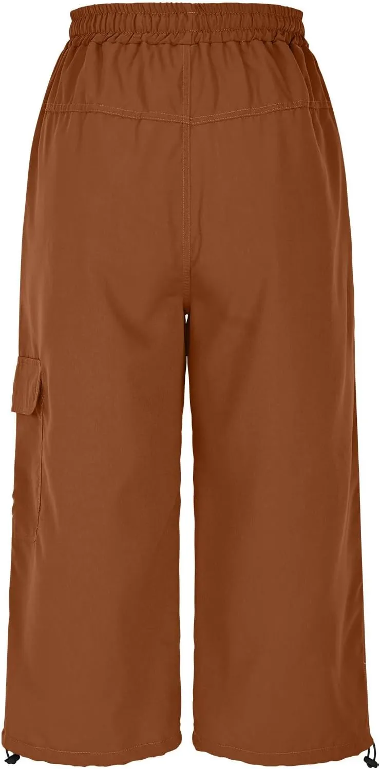 Womens Capris Pants Casual Summer Drawstring Elastic High Waist Breathable Pant Straight Wide Leg Cropped Trouser