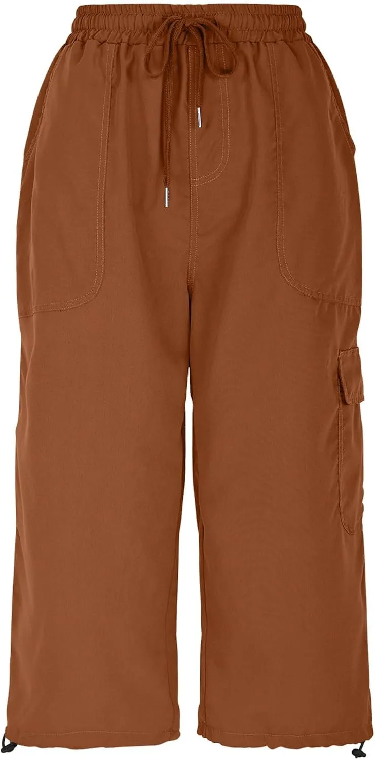 Womens Capris Pants Casual Summer Drawstring Elastic High Waist Breathable Pant Straight Wide Leg Cropped Trouser