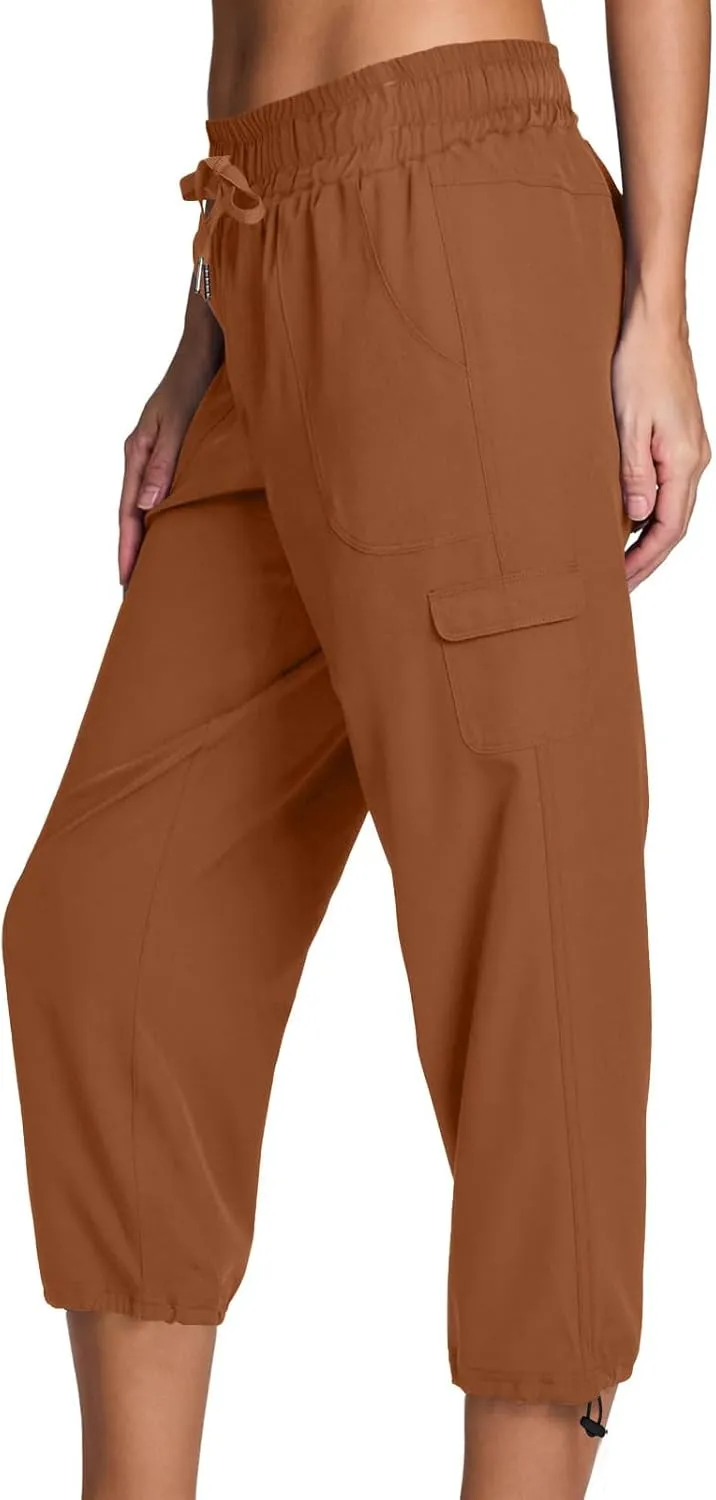 Womens Capris Pants Casual Summer Drawstring Elastic High Waist Breathable Pant Straight Wide Leg Cropped Trouser