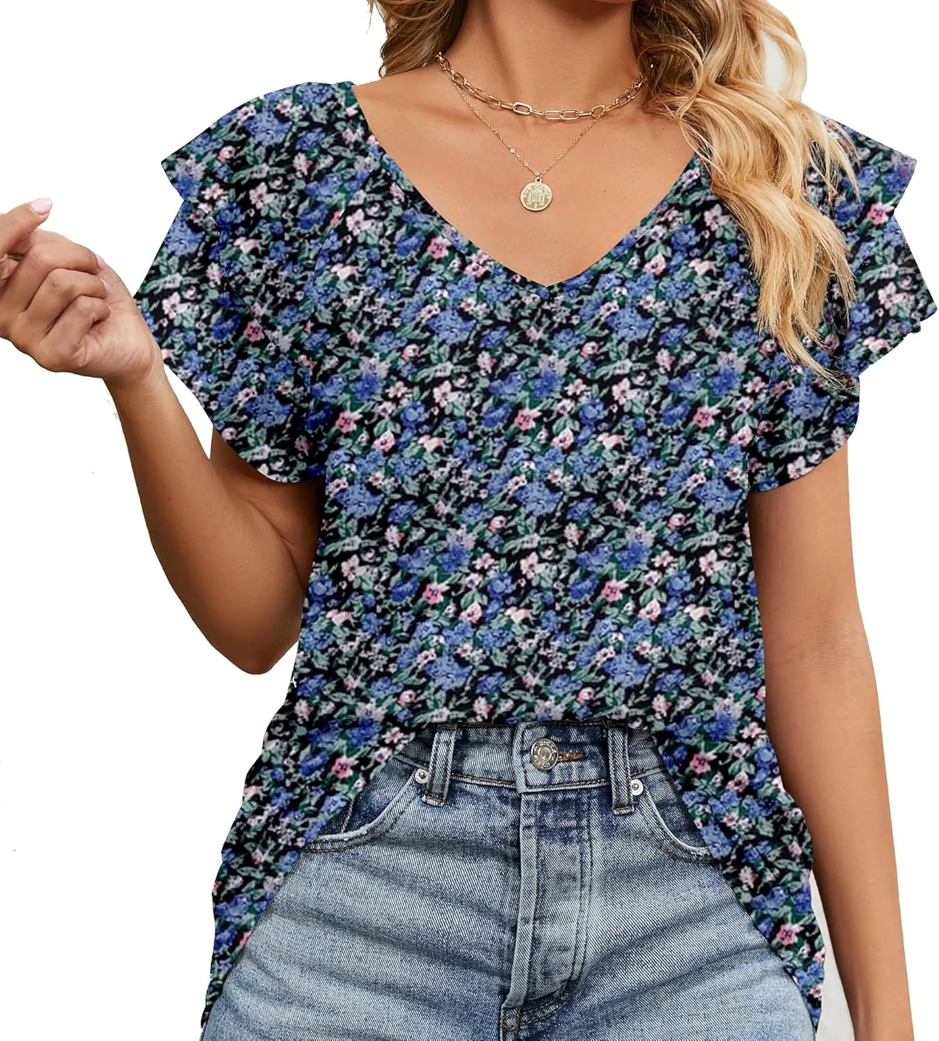 Women's Casual Floral Print V Neck Ruffle Boho Short Sleeve Summer Shirts Tops Loose Blouses T Shirt