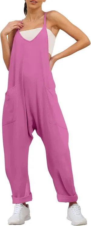 Women's Casual Loose Jumpsuits V Neck Sleeveless Harem Overalls Baggy Overalls Adjustable Strap Romper with Pochets