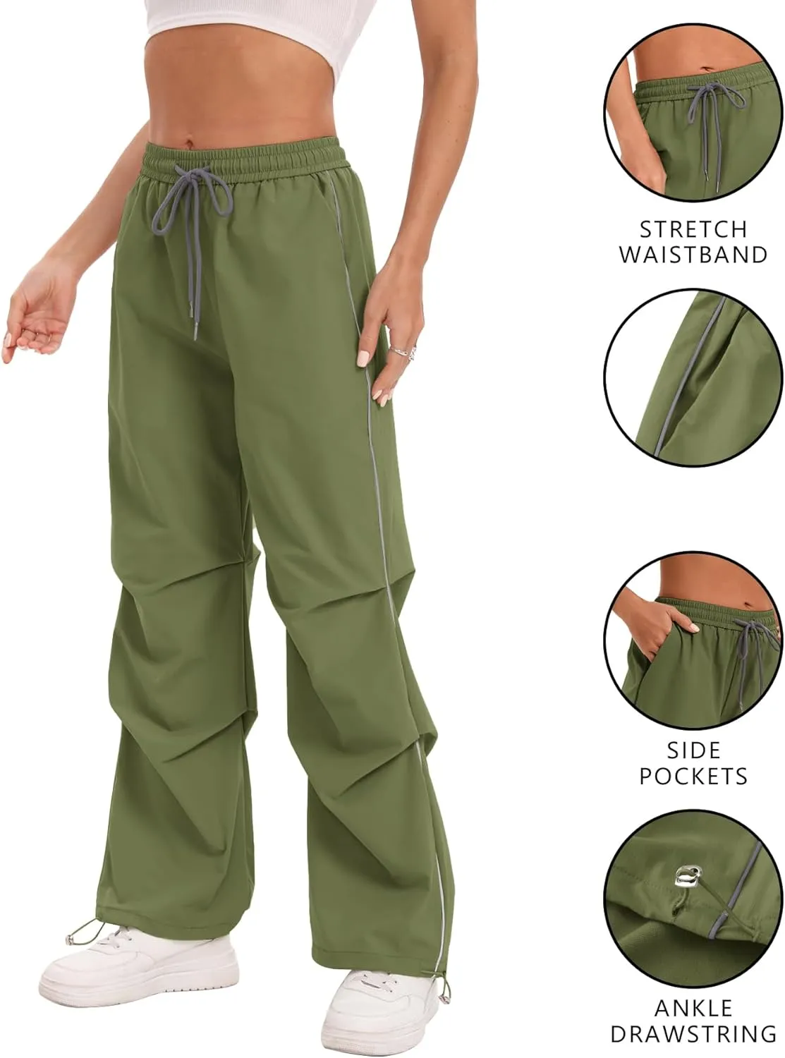 Women's Casual Parachute Pants Baggy Hiking Pants Drawstring Elastic Waist Track Y2K Trousers