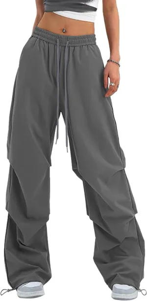 Women's Casual Parachute Pants Baggy Hiking Pants Drawstring Elastic Waist Track Y2K Trousers