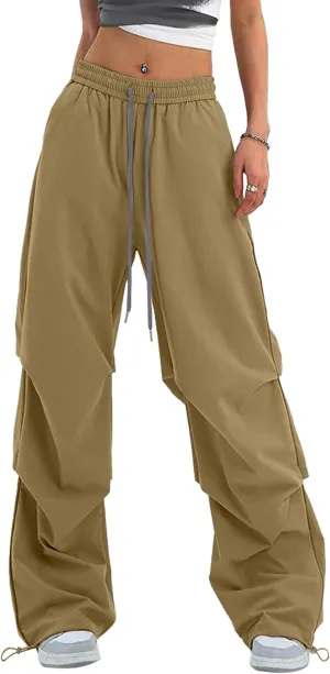 Women's Casual Parachute Pants Baggy Hiking Pants Drawstring Elastic Waist Track Y2K Trousers