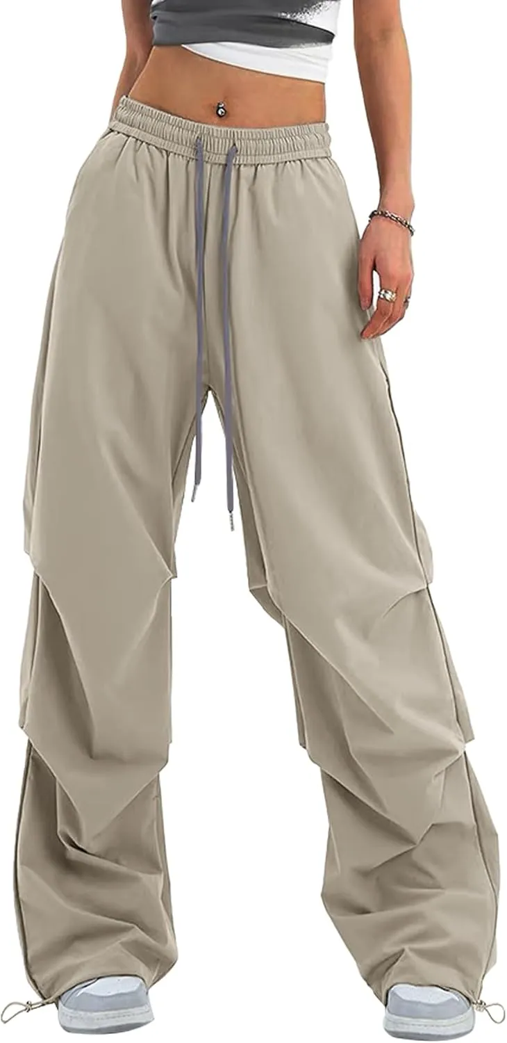 Women's Casual Parachute Pants Baggy Hiking Pants Drawstring Elastic Waist Track Y2K Trousers